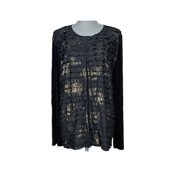 Chico's Travelers Cardigan Size XL 3 Shimmery Ruffles Black Gold Elegant Gala - Picture 1 of 10